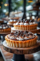 elegant portions of cherry and pumpkin pies with rich fillings and buttery crusts, beautifully presented in natural light within a modern patisserie