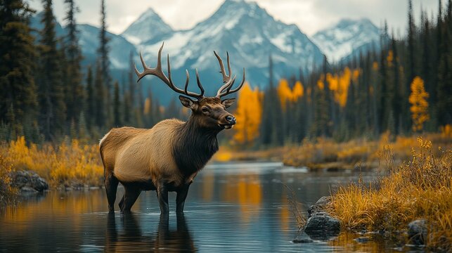 Majestic elk wading through a serene river with autumn foliage and mountains in the background