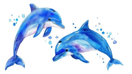 Watercolor blue dolphins swimming