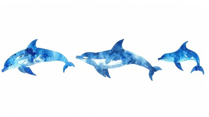 Watercolor blue dolphins swimming