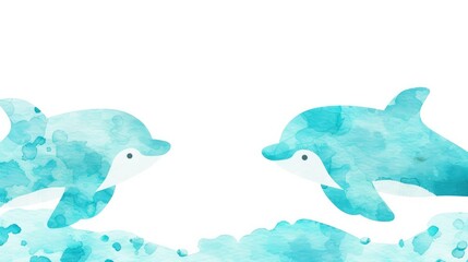 Watercolor blue dolphins swimming