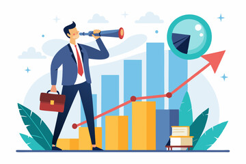 Economic growth forecast, GDP prediction or business vision to grow investment or business, increase profit or earning improvement concept, businessman look on telescope on growth chart diagram
