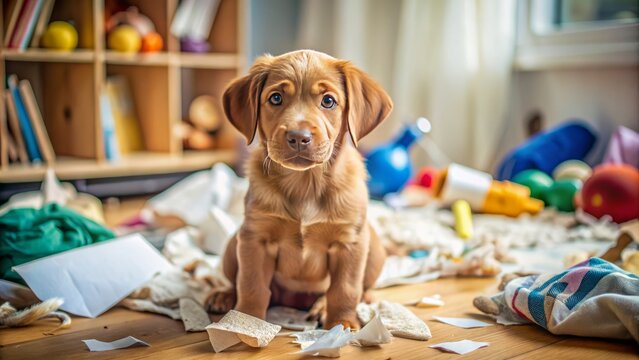 Adorable brown puppy with a mischievous glint in its eye, sitting amidst a messy room with torn papers, scattered toys, and overturned furniture.