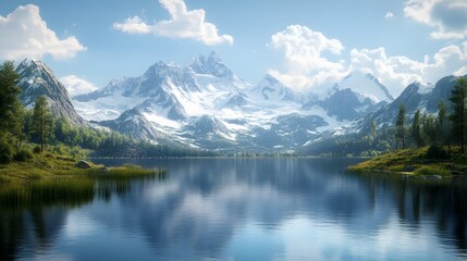 Fototapeta premium 10. A majestic mountain range with snow-capped peaks and a clear alpine lake
