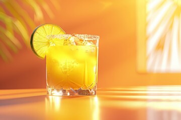 A cocktail set against a sunset backdrop