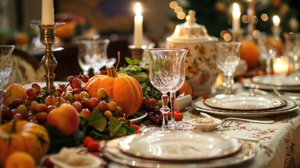 Naklejka premium Table setting autumn holiday Thanksgiving. Cozy home atmosphere. Table covered with orange flowers, pumpkins, plates. Traditional candlelight dinner, celebration, family feast. Beautiful decorations.