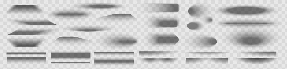Square and rectangle box shadow effects. Realistic overlay and transparent shadows vector set, shades falling from objects on floor with soft black edges and dark corners, transparent background
