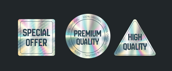 Obraz premium Set of holographic gradient vector stickers, label for sale hologram emblem label. Special offer, premium high quality. Web design, e-commercial, great for any products