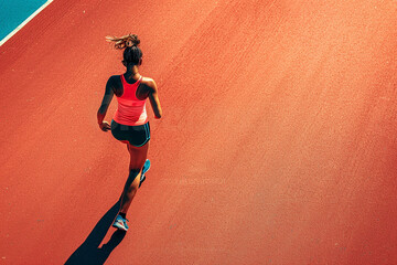 aerial image of a woman running on an athletics track. athletics track. woman doing sport.