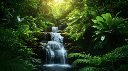 13. A lush rainforest with diverse plant life and cascading waterfalls
