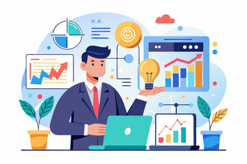 Data scientist analyze data for business insight, intelligence information on marketing research, analytics visualization dashboard, chart and graph concept, businessman analyze data with lightbulb.
