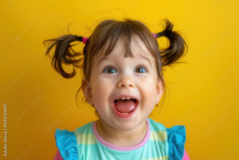 Poster a cheerful little girl with pigtails expresses delight while standing in front of a bright yellow ba