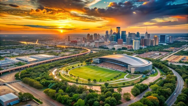 Aerial view of a massive outdoor stadium in Texas, surrounded by lush greenery, with a sprawling cityscape and sunset hues in the background.
