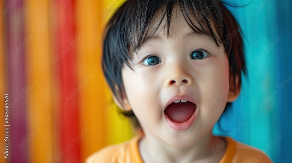 Poster a young child expresses joy with wide eyes and an open mouth, standing against a vibrant striped bac