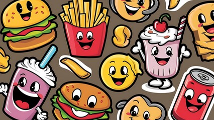 Fototapeta premium Set of colorful cartoon fast food icons. Isolated vector.