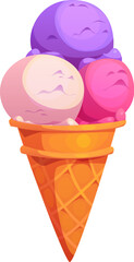 Cartoon fast food ice cream c with three colorful scoops in pink, purple and white. Isolated vector waffle cup holds frozen creamy balls. Delicious cold treat for hot summer days and sweet cravings