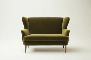 A stylish green velvet sofa with a modern design and wooden legs.