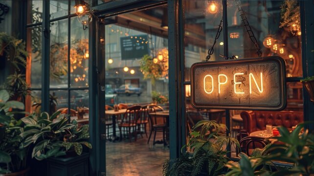Yellow neon open sign on door of establishment. Opening cafe, cozy restaurant, coffee shop place, canteen, cafeteria. Welcome text, inscription on window. Invitation to come inside. Autumn atmosphere.