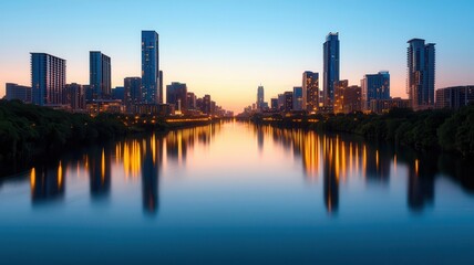 Fototapeta premium City skyline at dusk with glowing skyscrapers reflecting on a calm river, urban glowtime, serene and modern