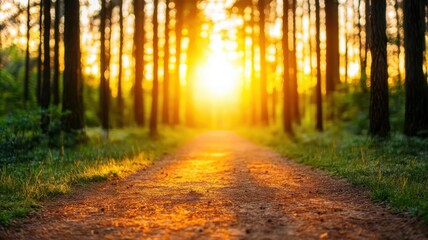 Obraz premium Radiant golden hour sunbeams illuminating a quiet forest path, natures glowtime, peaceful and inspiring landscape
