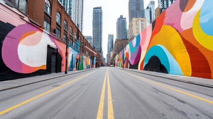 Obraz premium A vibrant urban street with colorful murals on brick walls and modern skyscrapers in the background, showcasing contemporary city art.