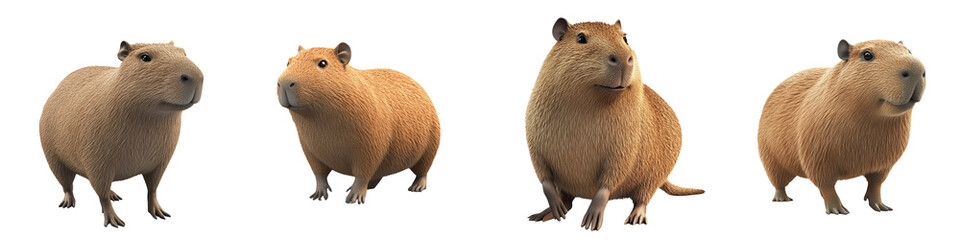 A collection of capybaras showcasing their adorable features and varying expressions, perfect for wildlife and animal themes.
