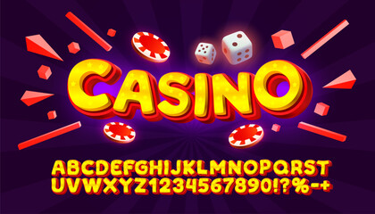 Casino golden font, color red. English alphabet and numbers sign. Vector illustration