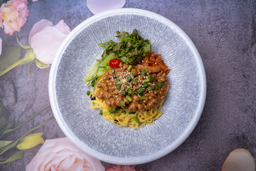Delicious Bibim Noodles with Natto and Fresh Vegetables
