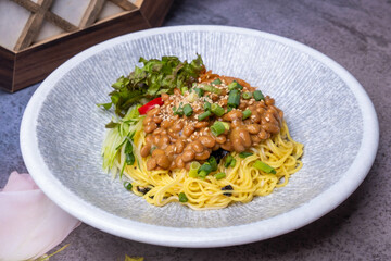Delicious Bibim Noodles with Natto and Fresh Vegetables