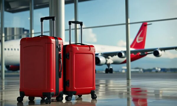 Brightly colored red suitcases sit on a polished airport floor, hinting at adventures ahead while travelers bustle around in the sunshine, excited for their journeys