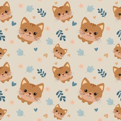Kittens pattern. Cute children's seamless pattern with kittens. Endless pattern with little cats, hearts and natural elements