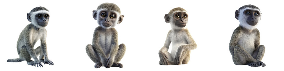 Fototapeta premium A collection of four adorable monkeys in different poses, showcasing their playful and curious nature in a whimsical style.