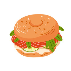 Bagel sandwich filled with smoked salmon, cream cheese, cucumber slices and arugula in cartoon. Design for breakfast cafe, menu restaurant. Vector illustration isolated on a white background.