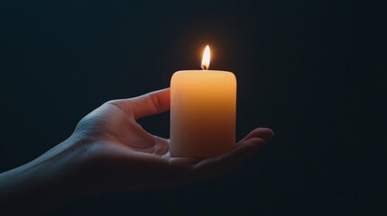 A hand holding a lit candle, with the soft glow illuminating the surrounding darkness