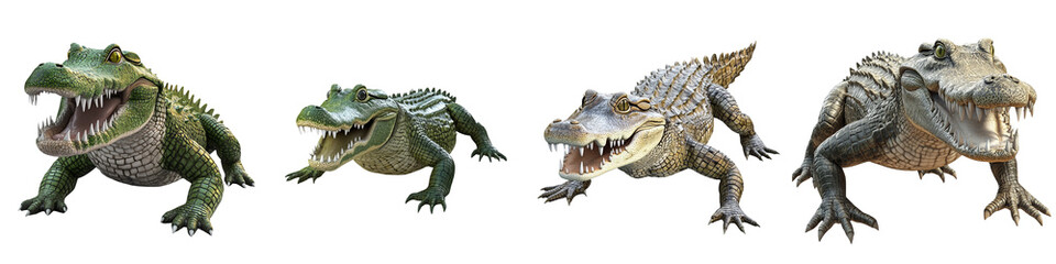 Fototapeta premium A collection of four unique fantasy creatures resembling reptilian amphibians, showcasing different sizes and features.