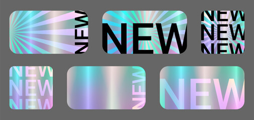 Obraz premium Set of color neon sticker template, holographic effect label in retro Y2k style. Square, rectangular Shiny Smooth Mirror Rainbow Emblem New. Isolated on grey background EPS10 Vector Illustration.
