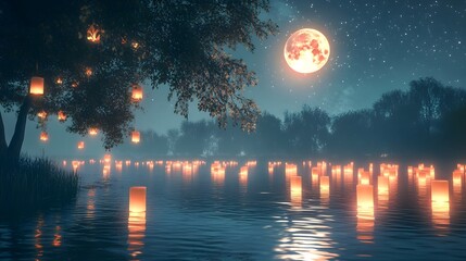 Naklejka premium A river illuminated by floating lanterns, reflecting the full moon above