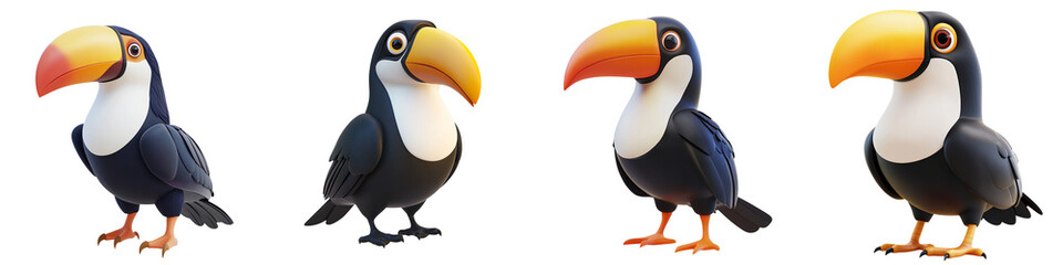 Fototapeta premium A collection of vibrant toucan illustrations showcasing different poses and angles, perfect for nature enthusiasts.