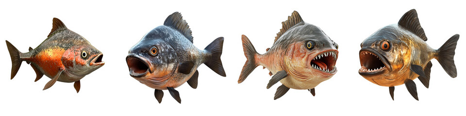 A collection of vibrant piranha fish showcasing distinctive colors and expressions in an engaging underwater scene.