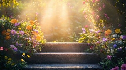 Obraz premium Spring flower-themed 3D podium background in pink for beauty products, featuring a nature-inspired floral mockup, white blossom, and summer abstract shadow. Includes a minimal design render stage