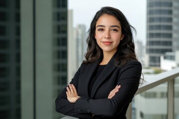 Fototapeta premium Latina Business Leader: A portrait of a successful Latina businesswoman, possibly with a cityscape or modern office in the background.