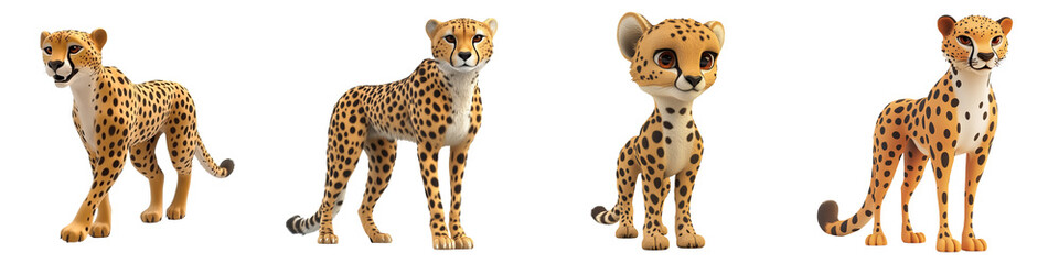 A playful and vibrant collection of cartoon cheetahs showcasing their unique expressions and lively stances.