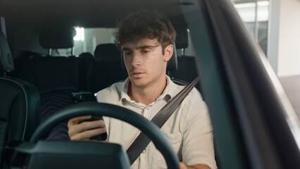 Caucasian confused sad driver upset puzzled male businessman frustrated man stressed business...