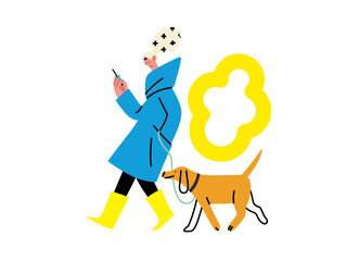Creative workspace, modern flat vector concept illustration of a woman working on the phone walking with a dog Remote work, flexibility, independence, efficiency, mobility, synergy, freedom
