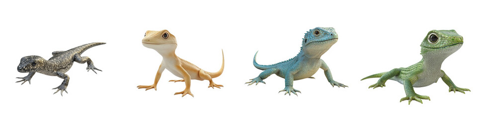 Naklejka premium A vibrant collection of four unique lizards showcasing different colors and textures, ideal for nature enthusiasts and educational purposes.