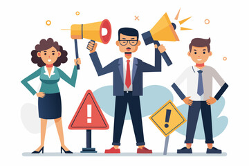 Attention message announcement, important communication or advertisement, beware warning, careful symbol or urgent notification concept, business people carrying attention sign with loud speaker
