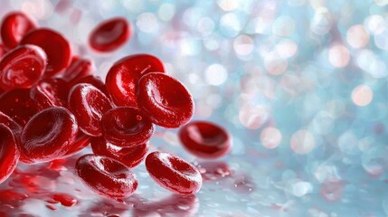 Close-up of red blood cells on a shimmering surface, highlighting their unique shape and color against a soft blue background.