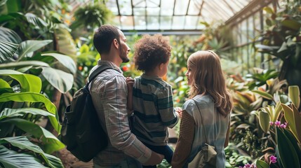A family walks through a lush, green botanical garden.