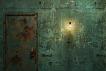 A rusted door and old wall scene is eerie and mysterious