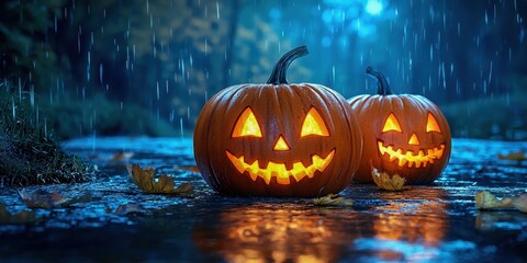 Obraz premium Two glowing jack-o'-lanterns reflect in rain-soaked ground, creating a spooky Halloween atmosphere in the moonlit night.
